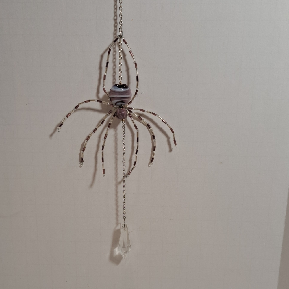 Handmade Beaded Spider Window Ornament Crystal Drop. Mauve/Silver.Halloween.